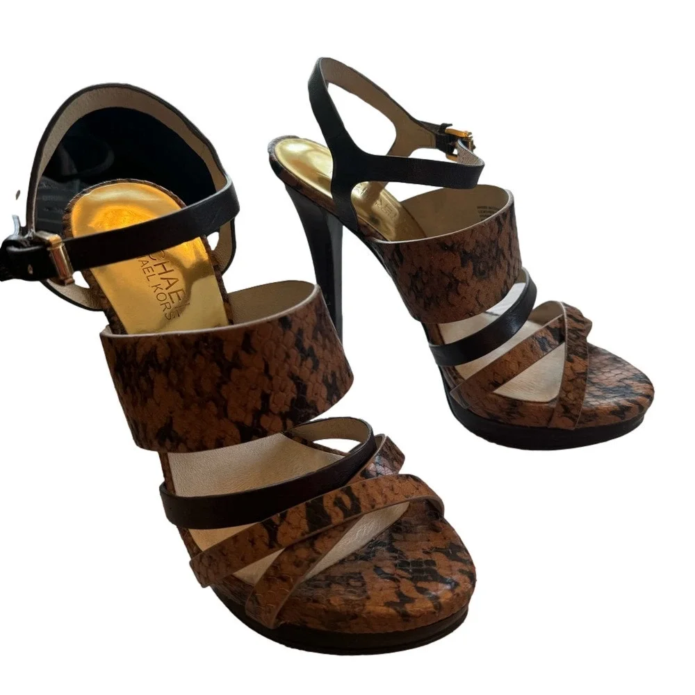Michael Kors Nadja Platform Open Toe Heels Snakeskin Animal Print Embossed 6